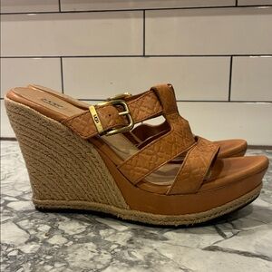 UGG Cognac tan Woven Leather Espadrille Wedge platform Sandals 10